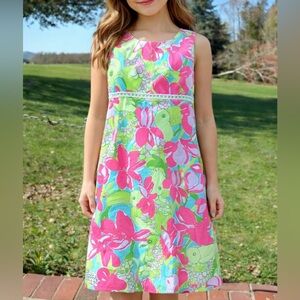 -Lily Pulitzer Toucan Floral Pink Green Shift Sundress Girls Size 12